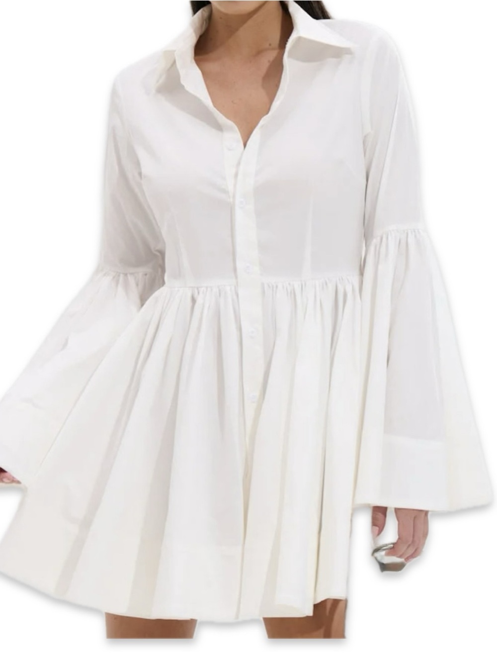White Bell-Sleeve Poplin Mini Dress